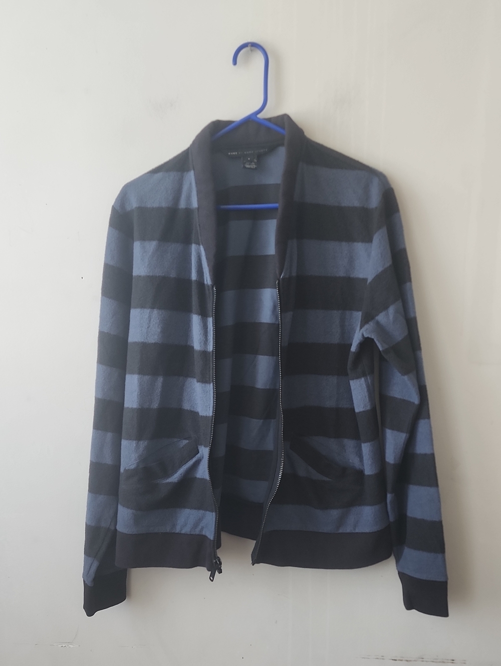 Marc By Marc Jacobs Men's Blue and Black Striped Zip-Up Sweater. New Without Tag